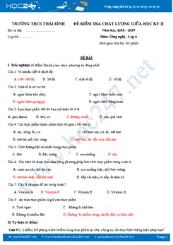 Đề thi giữa HK2 môn Công Nghệ 6 trường THCS Thái Bình năm 2019 có đáp án