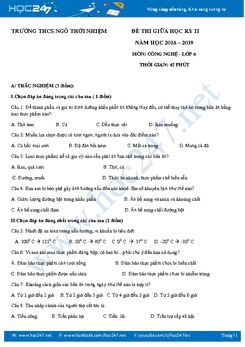 Đề kiểm tra giữa HK2 môn Công Nghệ 6 năm 2019 trường THCS Ngô Thời Nhiệm