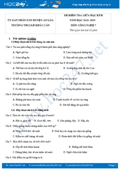 Đề thi giữa HK2 môn Công Nghệ 7 năm 2019 có đáp án trường THCS huyện An Lão