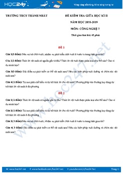 Bộ 2 đề kiểm tra giữa HK2 môn Công Nghệ 7 năm 2019 trường THCS Thành Nhất