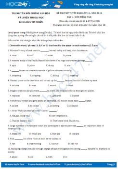 Đề thi thử tuyển sinh vào lớp 10 năm 2019 đợt 1 môn tiếng Anh Trung tâm Luyện thi ĐH KHTN