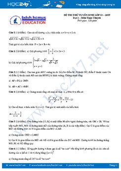 Đề thi thử vào lớp 10 môn Toán Chuyên năm 2019 Trung tâm luyện thi ĐH KHTN đợt 1