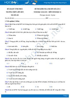 Đề kiểm tra 1 tiết môn Sinh lớp 10 năm 2019 - Trường THPT Liễn Sơn