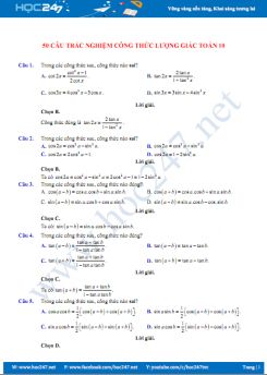 50 câu trắc nghiệm Công thức lượng giác Toán 10 có lời giải chi tiết