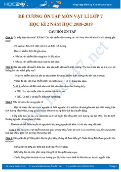 Đề cương ôn tập môn Vật lí lớp 7 Học kì 2 năm học 2018-2019