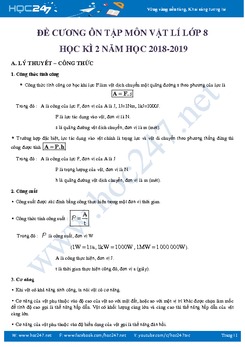 Đề cương ôn tập môn Vật lí lớp 8 Học kì 2 năm học 2018-2019