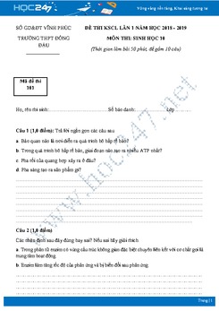 Đề thi KSCL môn Sinh lớp 10 năm 2019 - Trường THPT Đồng Đậu - Lần 1 - Mã đề 101