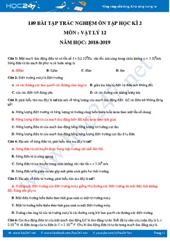 189 bài tập trắc nghiệm Vật lý 12 có đáp án ôn thi HK2 năm 2019