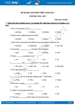 Đề thi HK2 Tiếng Anh lớp 6 năm 2018 - 2019 có đáp án