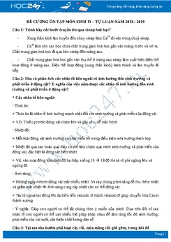Đề cương ôn tập môn Sinh 11 - Tự luận năm 2018 - 2019