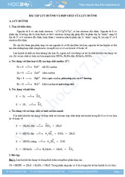 Các dạng bài tập lưu huỳnh và hợp chất lưu huỳnh - Hóa học lớp 10 năm 2019