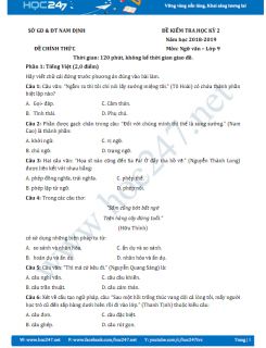 Đề kiểm tra HK2 môn Ngữ văn lớp 9 năm 2018-2019, Sở GD&ĐT Nam Định