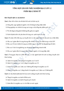 Tổng hợp câu hỏi trắc nghiệm Địa lí lớp 12: Phần địa lí kinh tế