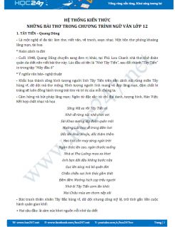 Hệ thống kiến thức những bài thơ trong chương trình Ngữ văn lớp 12