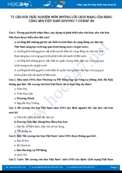 75 Câu hỏi trắc nghiệm môn Đường lối cách mạng của ĐCSVN có đáp án - Chương 7