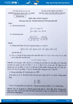 Đề thi tuyển sinh lớp 10 môn Toán năm 2019 Trường THPT Chuyên KHTN Hà Nội Vòng 2