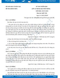 Đề thi vào lớp 10 môn Ngữ văn năm 2019, Sở GD&ĐT Bình Dương