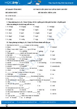 Đề thi vào lớp 10 môn Tiếng Anh THPT Chuyên Tỉnh Vĩnh Phúc