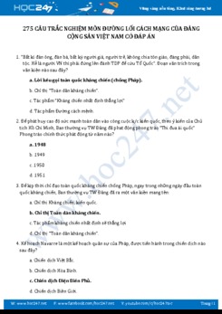275 Câu trắc nghiệm môn Đường lối cách mạng của ĐCSVN có đáp án