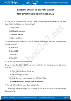 Hệ thống câu hỏi ôn thi trắc nghiệm môn Tư tưởng Hồ Chí Minh có đáp án