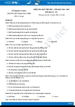 Đề kiểm tra 1 tiết HK1 môn Địa lớp 12 năm 2018-2019 - Trường THPT Phan Ngọc Hiển
