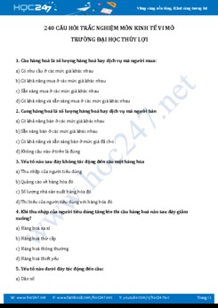 240 Câu hỏi trắc nghiệm môn Kinh tế vi mô - ĐH Thủy Lợi
