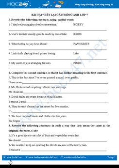 Bài tập viết lại câu môn Tiếng Anh lớp 7 - chương trình mới