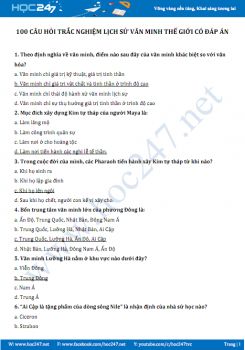 100 Câu trắc nghiệm môn Lịch sử văn minh thế giới có đáp án