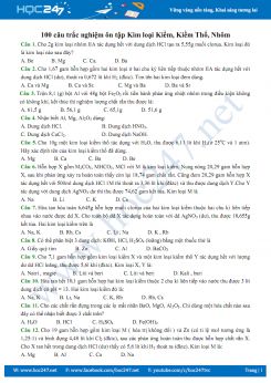 100 câu trắc nghiệm ôn tập kim loại kiềm, kiềm thổ, Nhôm