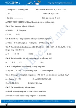 Đề thi HK1 môn Tin học 7 năm 2018 Trường THCS Lý Thường Kiệt