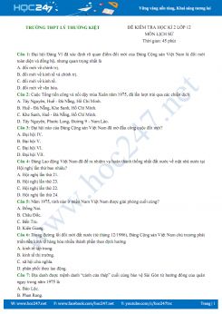 Đề thi HK2 môn Lịch Sử 12 năm 2019 - Trường THPT Lý Thường Kiệt