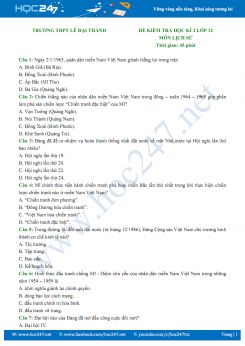 Đề thi HK2 môn Lịch Sử 12 năm 2019 - Trường THPT Lê Đại Thành