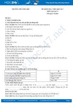 Đề kiểm tra 1 tiết HK1 môn Lịch Sử 9 năm 2018-2019 Trường THCS Phú Hội