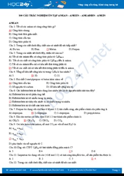 100 Câu trắc nghiệm ôn tập Ankan - Anken - Ankadien- Ankin (có đáp án)