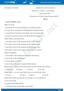 Đề thi giữa HK1 môn Địa lớp 10 năm 2018-2019 - Sở GD&ĐT Hải Phòng Lần 1