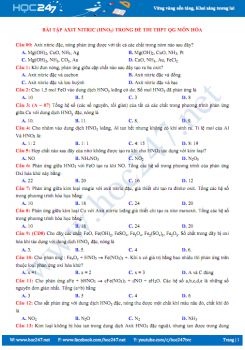 Bài tập axit Nitric trong đề thi THPT QG môn Hóa