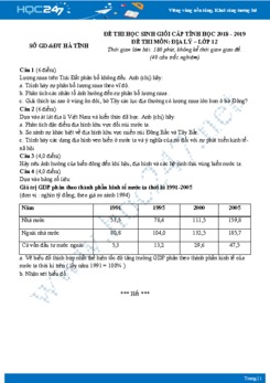 Đề thi HSG môn Địa lớp 12 năm 2018-2019 - Tỉnh Hà Tĩnh