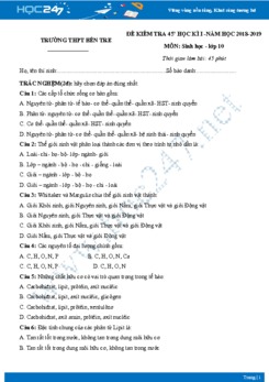 Đề thi giữa HK1 môn Sinh lớp 10 năm 2018-2019 - Trường THPT Bến Tre
