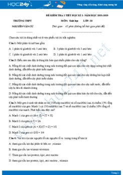 Đề thi giữa HK1 môn Sinh lớp 10 năm 2018-2019 - Trường THPT Nguyễn Văn Cừ