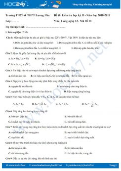 Đề thi HK2 có đáp án môn Công nghệ 12 năm 2019 Trường THCS & THPT Lương Hòa