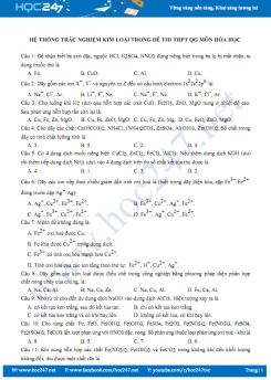 Hệ thống trắc nghiệm kim loại trong đề thi THPT QG môn Hóa học