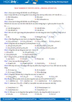 Trắc nghiệm lý thuyết Ancol - Phenol (có đáp án)