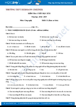 Đề kiểm tra 1 tiết HK2 môn Công Nghệ  11 năm 2019 trường THPT Hermann Gmeiner