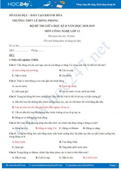 Bộ đề kiểm tra giữa HK2 có đáp án môn Công nghệ 11 năm 2019 Trường THPT Lê Hồng Phong