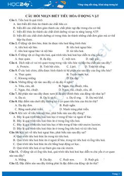 Câu hỏi trắc nghiệm tiêu hóa ở động vật Sinh học 11 mức độ nhận biết