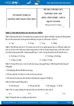 Đề thi học kì 1 năm học 2018-2019 môn Công nghệ 10 trường THPT Đặng Thúc Hứa