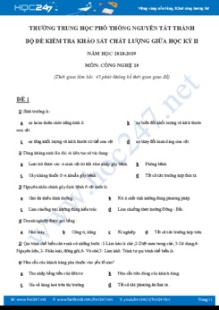Bộ đề kiểm tra giữa HK2 môn Công Nghệ 10 năm 2019 trường THPT Nguyễn Tất Thành