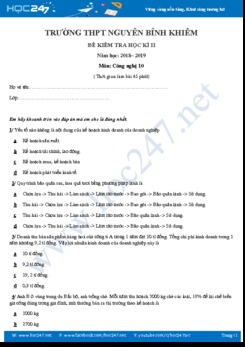 Đề thi Học kì 2 môn Công Nghệ 10 năm 2019 trường THPT Nguyễn Bỉnh Khiêm