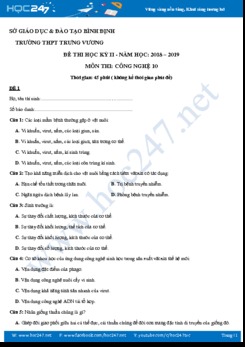 Bộ đề thi Học kì 2 môn Công nghệ 10 năm 2019 Trường THPT Trưng Vương- Bình Định