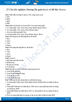 25 Câu trắc nghiệm Chương Hệ quản trị cơ sở dữ liệu Access